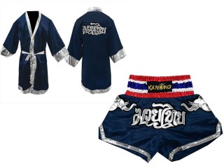 Custom  Muay Thai Boxing Robe and Shorts bundle : Set-125-Robe-Navy Elephant 